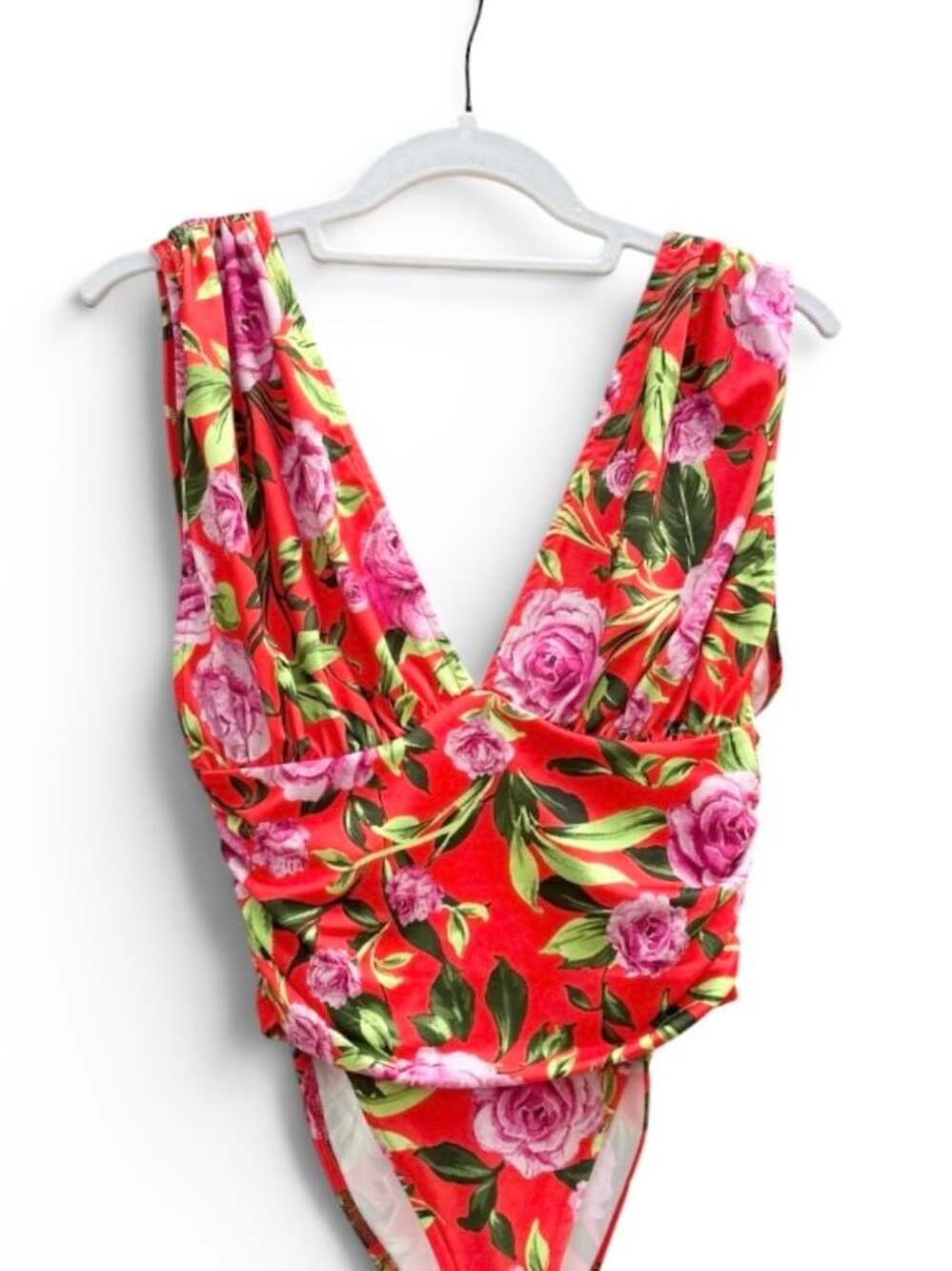 Zara Women Red Floral Sleeveless Plunge Neckline Ruched Draped Bodysuit